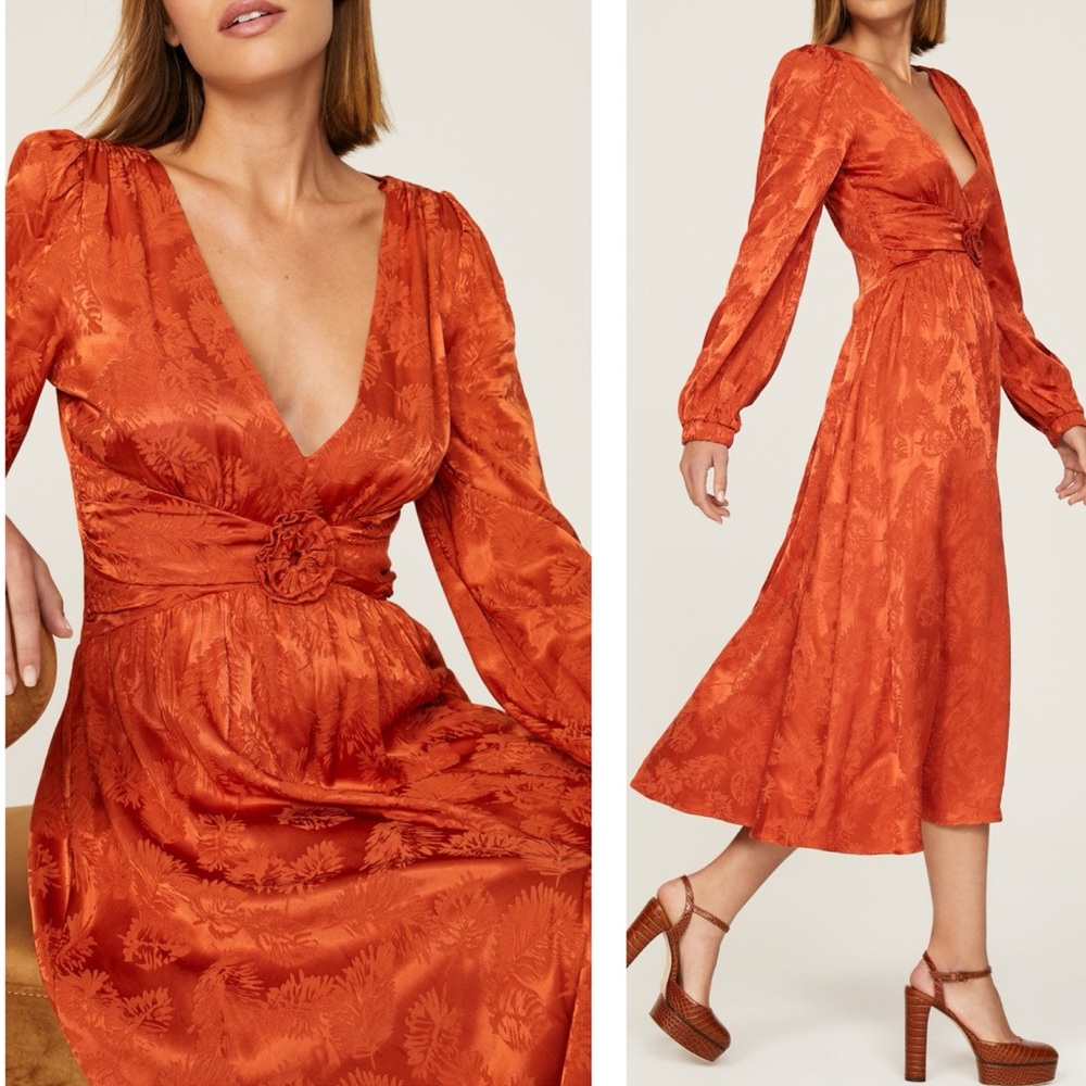 Love Whit NWT Whitney Port Orange‎ Floral Leaf Jacquard Satin Midi Dress Medium